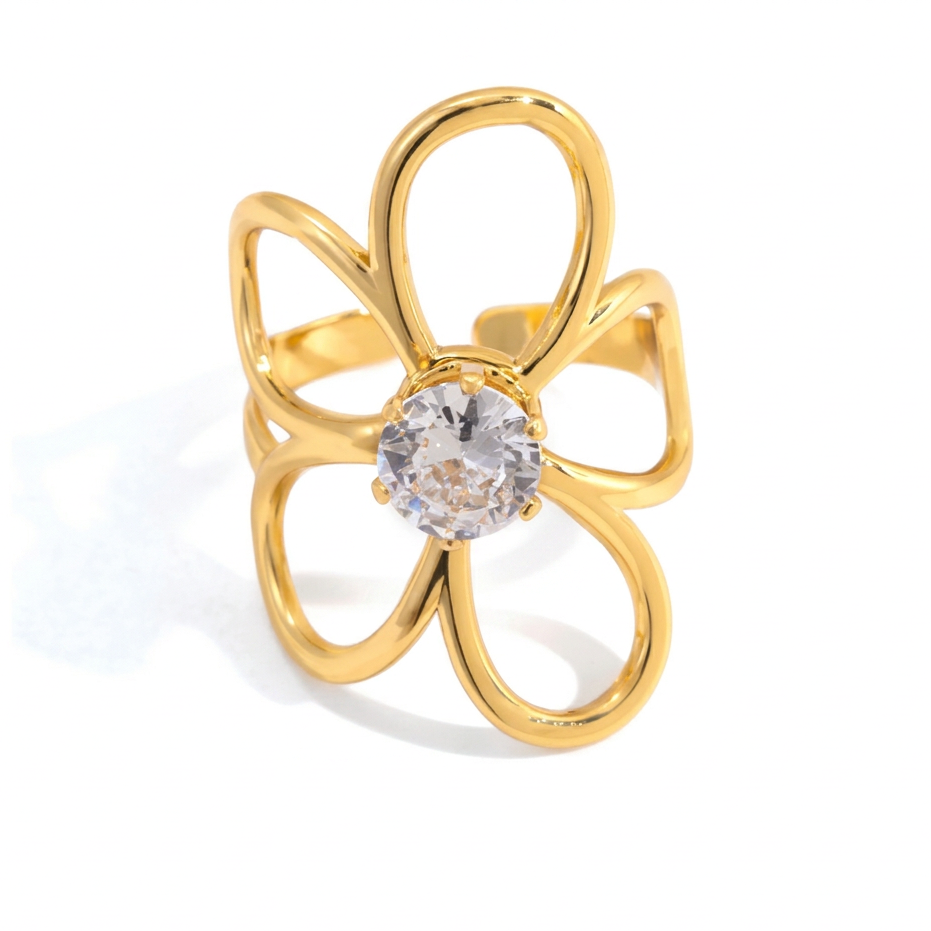 18K Gold Daily Glam Flower Heart CZ Statement Rings Set