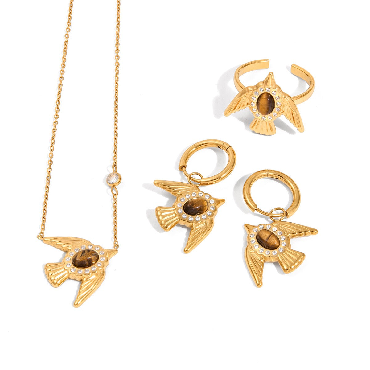 18K Gold Free Spirit Tiger Eye Bird Ring