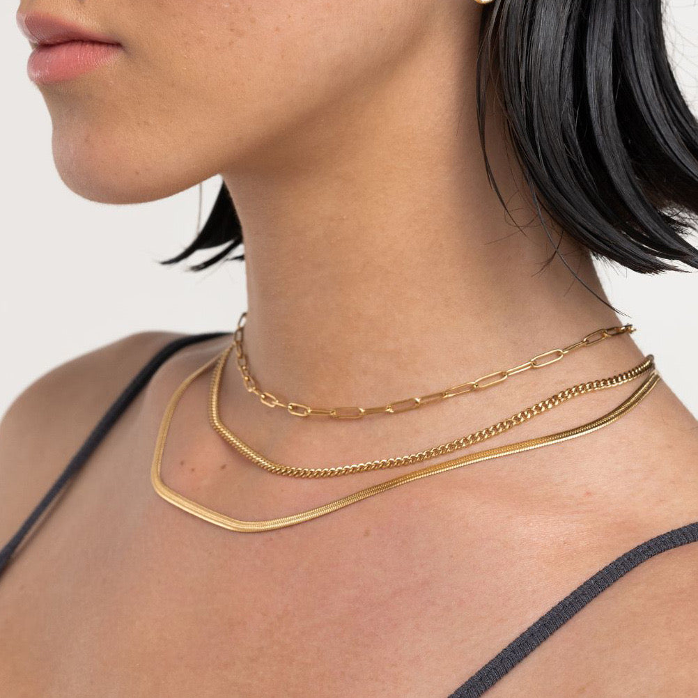 18K Gold Herringbone Snake Chain Paperclip Layered Necklace Set