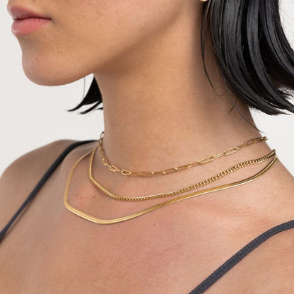 18K Gold Herringbone Snake Chain Paperclip Layered Necklace Set