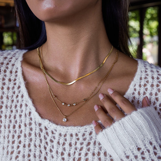 18K Gold Starry Jewel Herringbone Snake Chain Layered Necklace Set