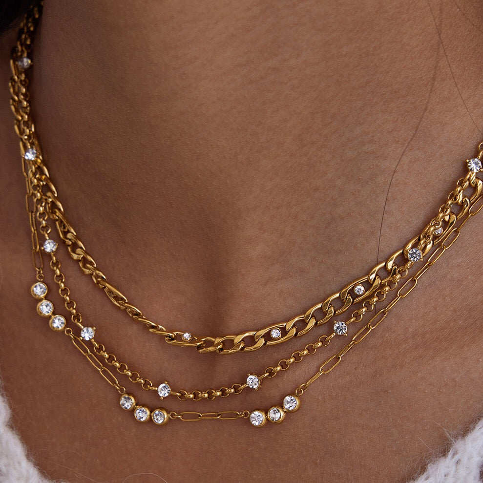 18K Gold Cosmic Glow Paperclip Curb Chain Layered Necklace Set