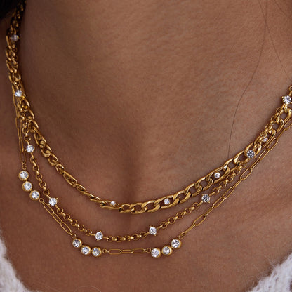 18K Gold Cosmic Glow Paperclip Curb Chain Layered Necklace Set
