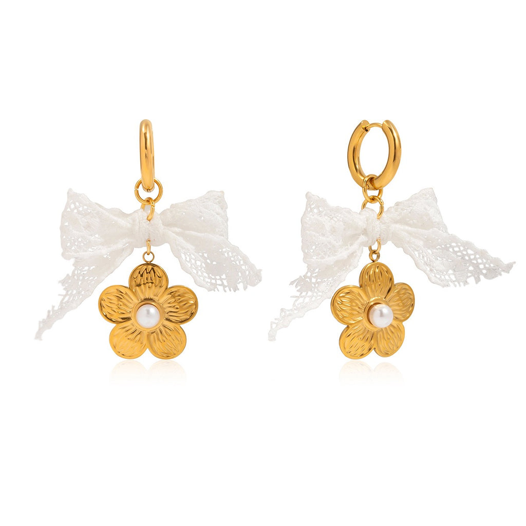 18K Gold Princess Flower Pearl Ribbon Bow Small Hoop Dangle Huggie Earrings with Charm