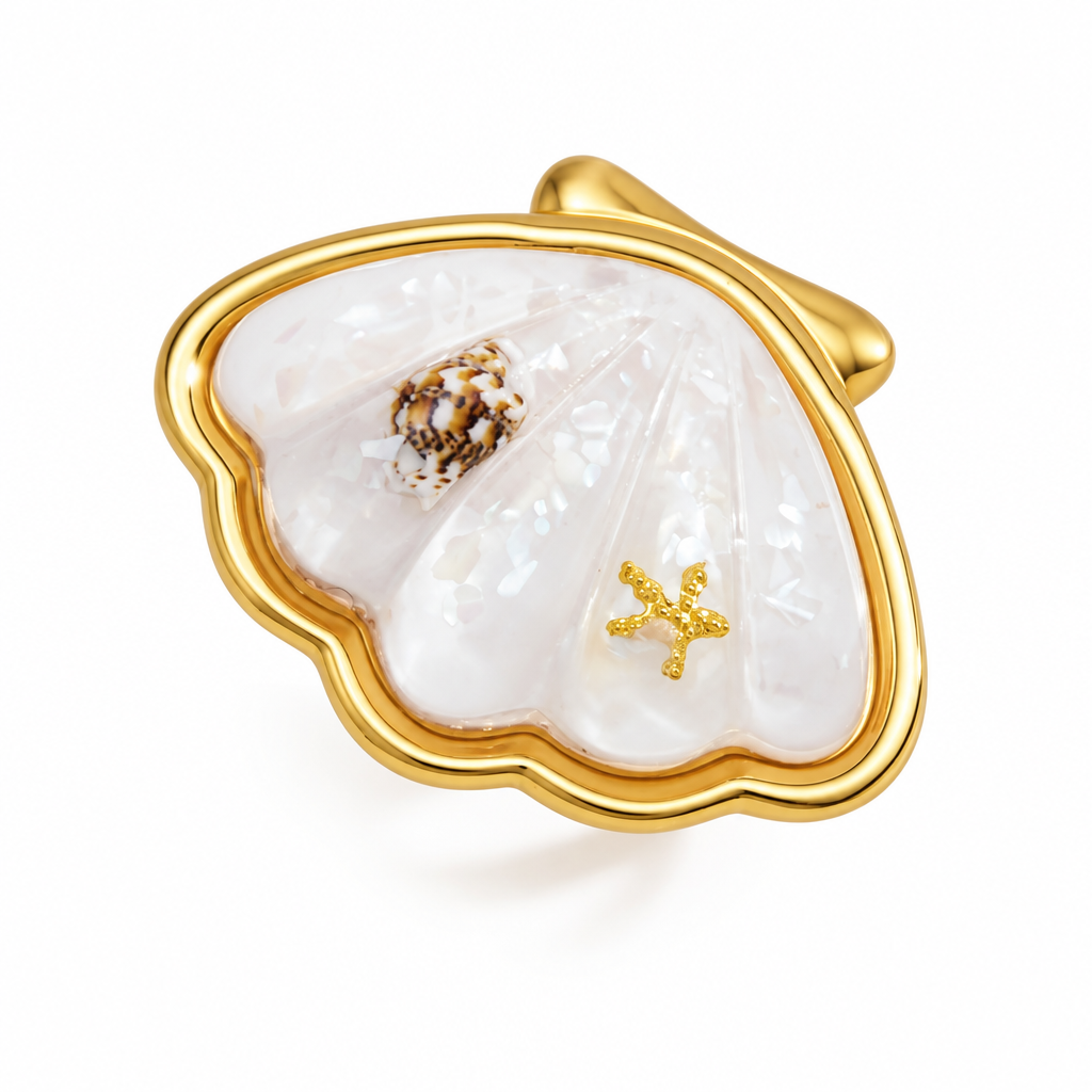 18K Gold Salt Air Seashell Pendant Necklace & Bangle Bracelet & Ring & Stud Earrings Set