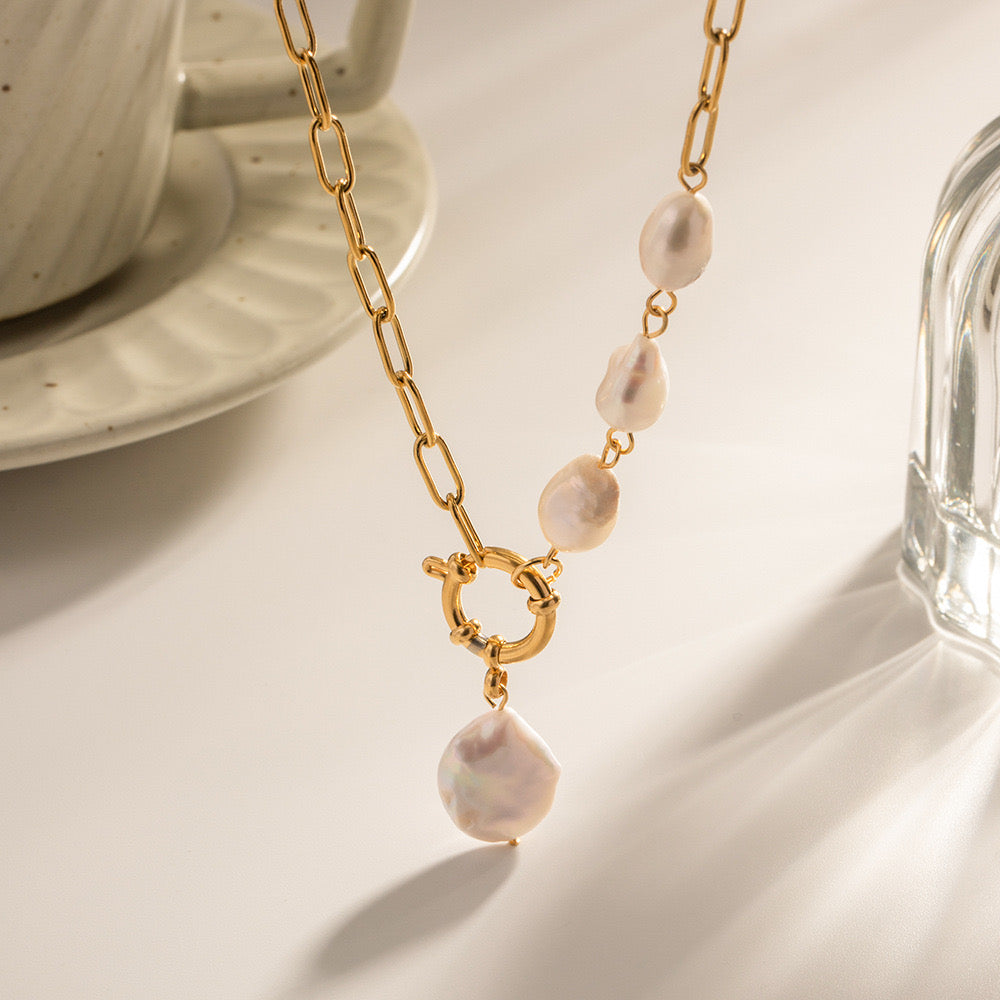 18K Gold Baroque Pearl Pendant Chunky Statement Necklace
