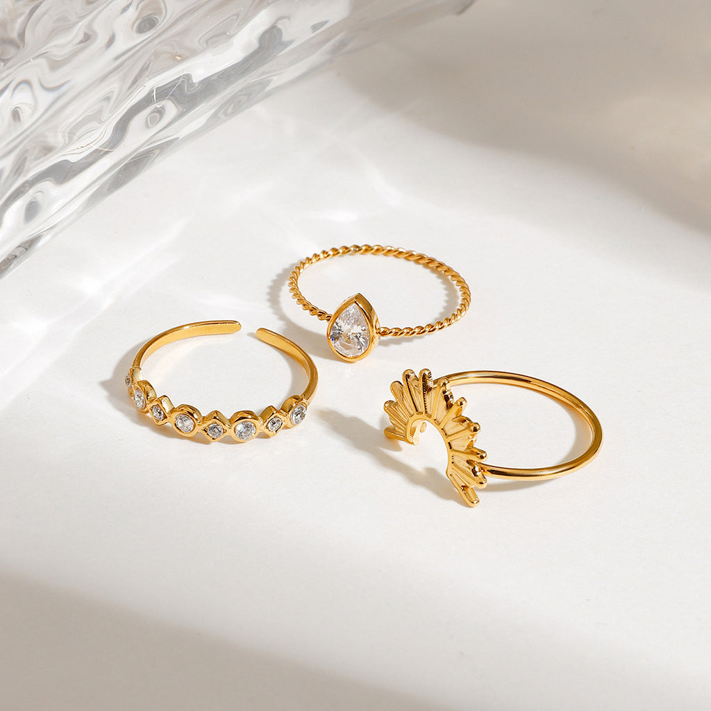 18K Gold Rising Sun Stacking Rings Set