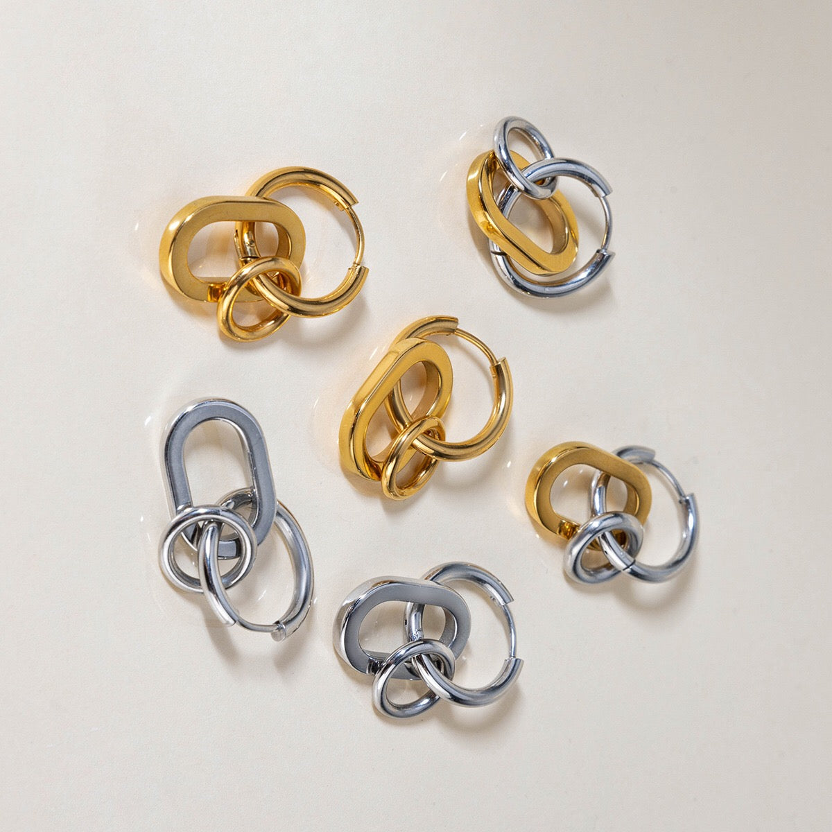 18K Gold and Silver Two Tone Trinity Small Hoop Dangle Huggie Earrings
