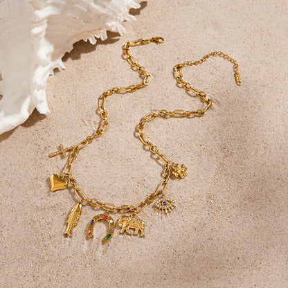 18K Gold Wicked Luck Horseshoe Clover Charm Necklace