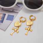18K Gold Tempt Heart Cross Dangle Huggie Earrings with Charm