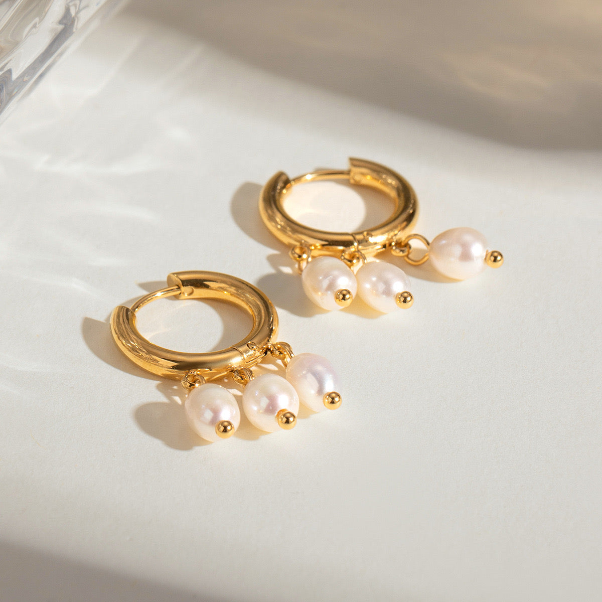 18K Gold Dangle Pearl Huggie Earrings