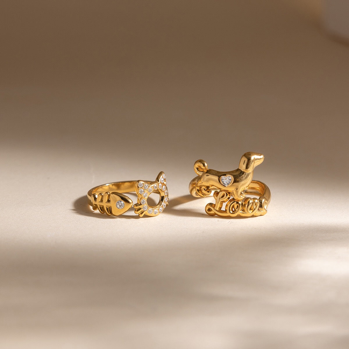 18K Gold Paws and Purrs Pave Cat and Dog Cuff Ring