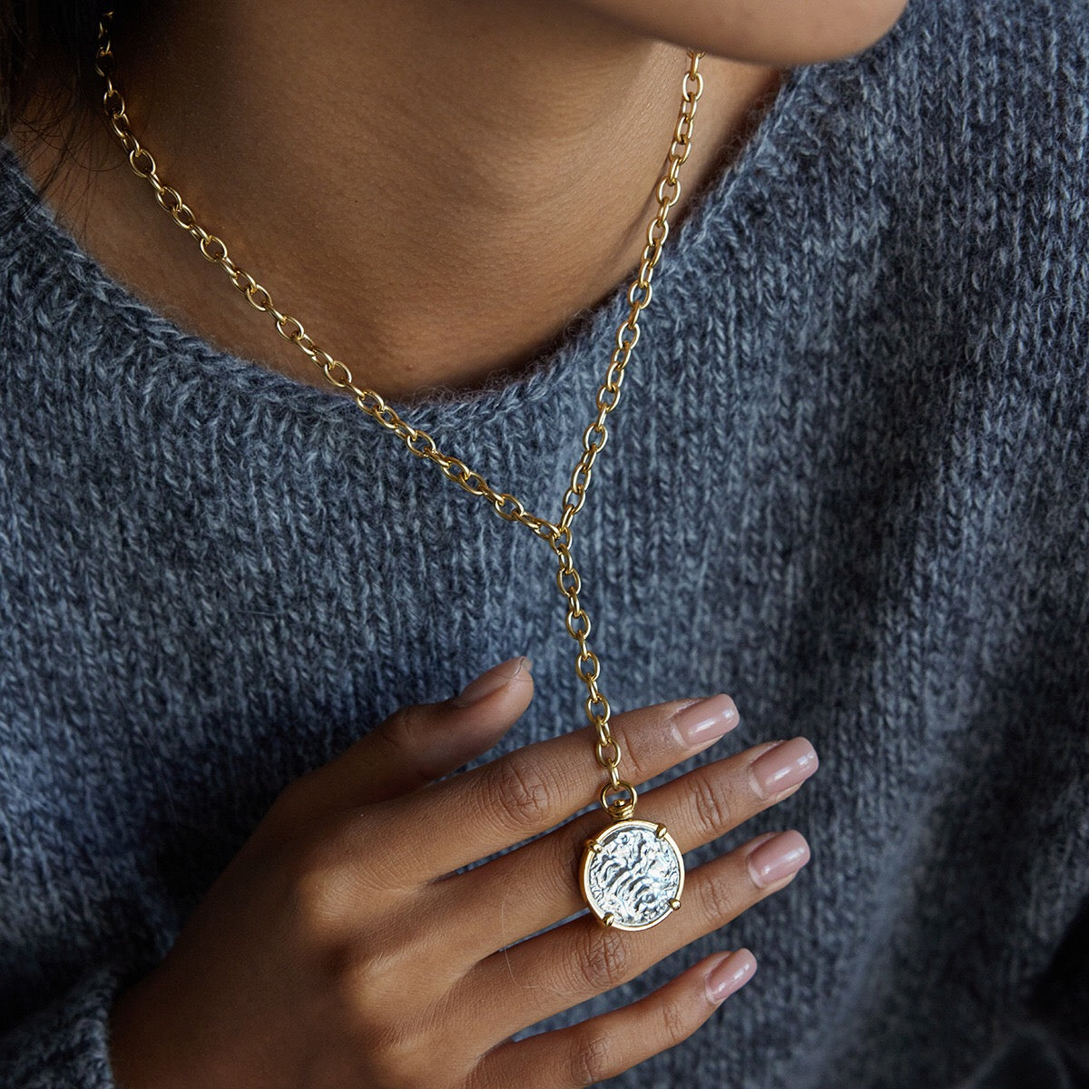 18K Gold Sun Goddess Y Shape Coin Pendant Necklace