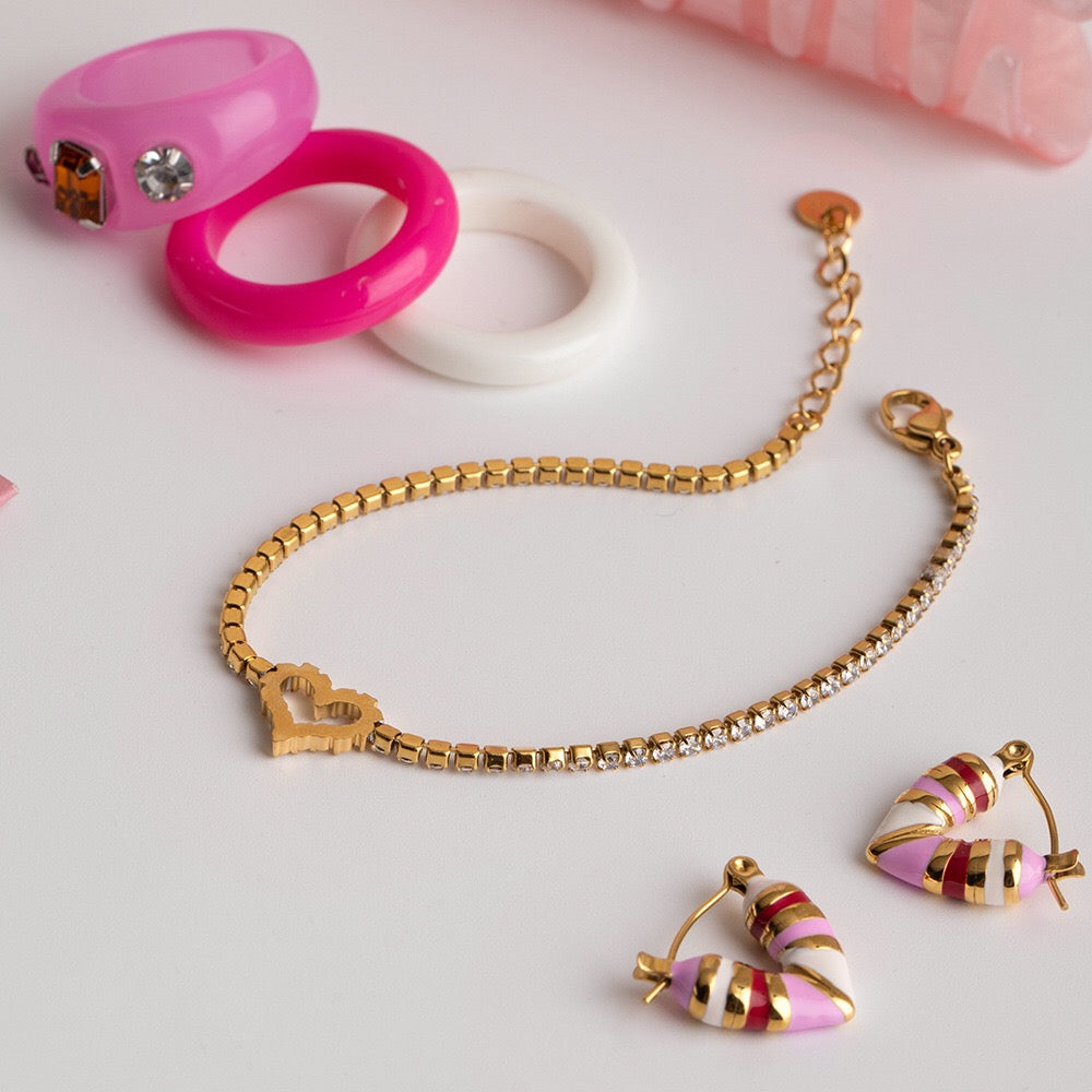 18K Gold Dreamy Bling Heart Bow Tennis Chain Bracelet Stack