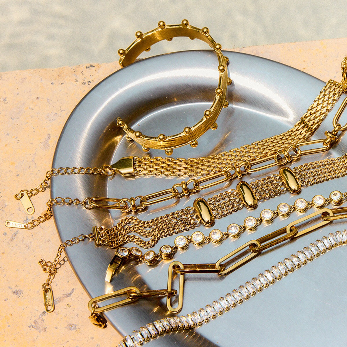18K Gold Opulence Paperclip Chain Tennis Chunky Statement Bangle Bracelet Stack