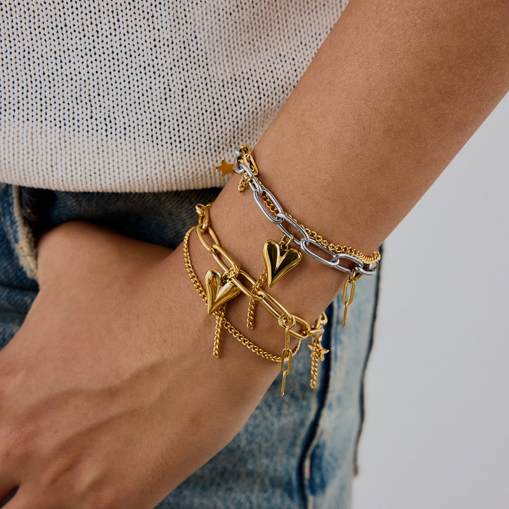 18K Gold Heart Charm Paperclip Chain Bracelet