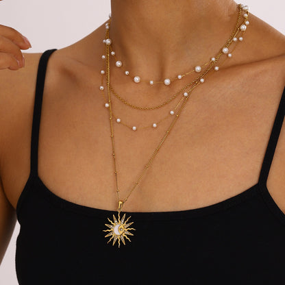 18K Gold Bright Sun Pendant Statement Long Necklace