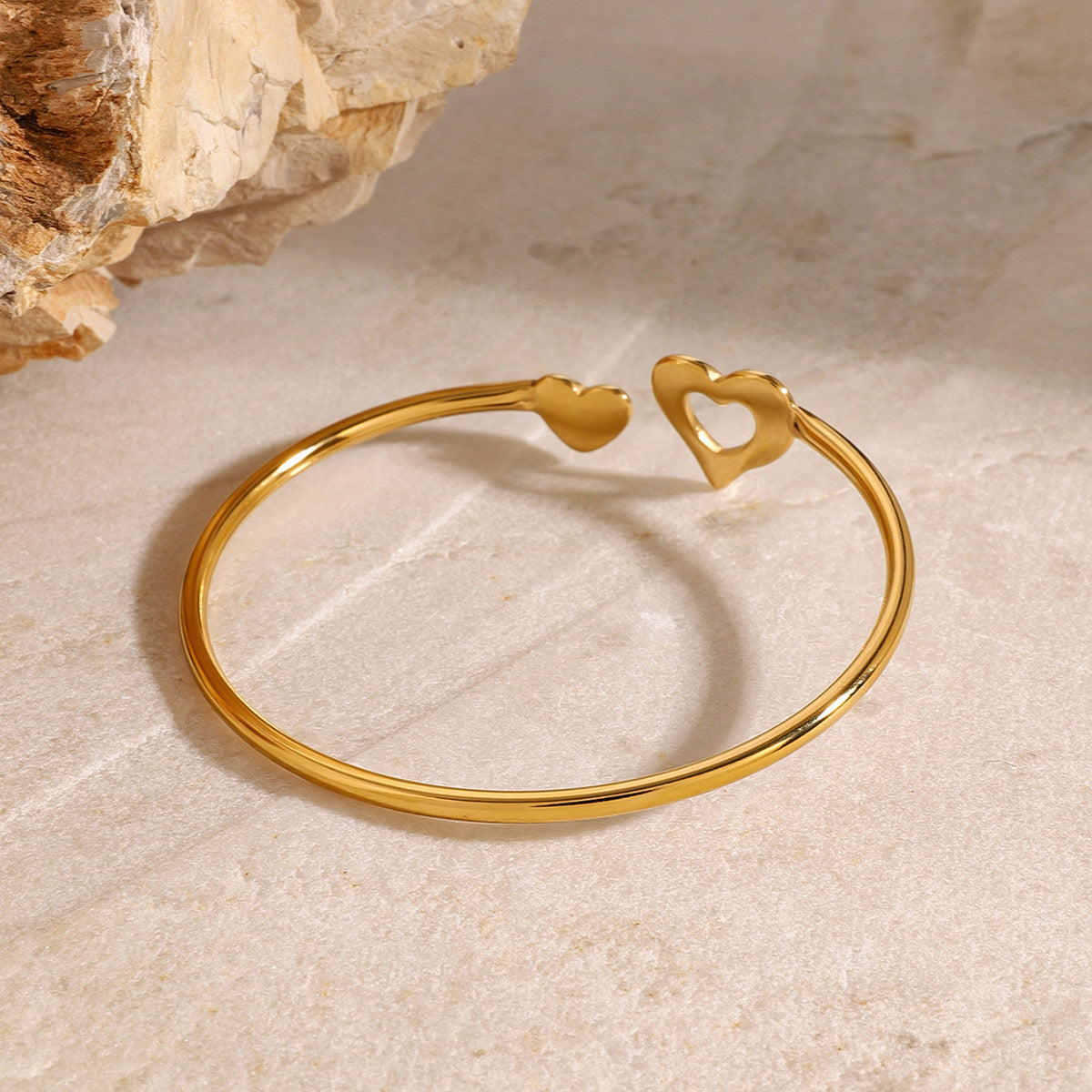 18K Gold Heart to Heart Cuff Bangle Bracelet