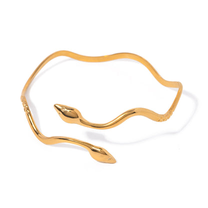 18K Gold Wavy Snake Silm Cuff Bangle Bracelet