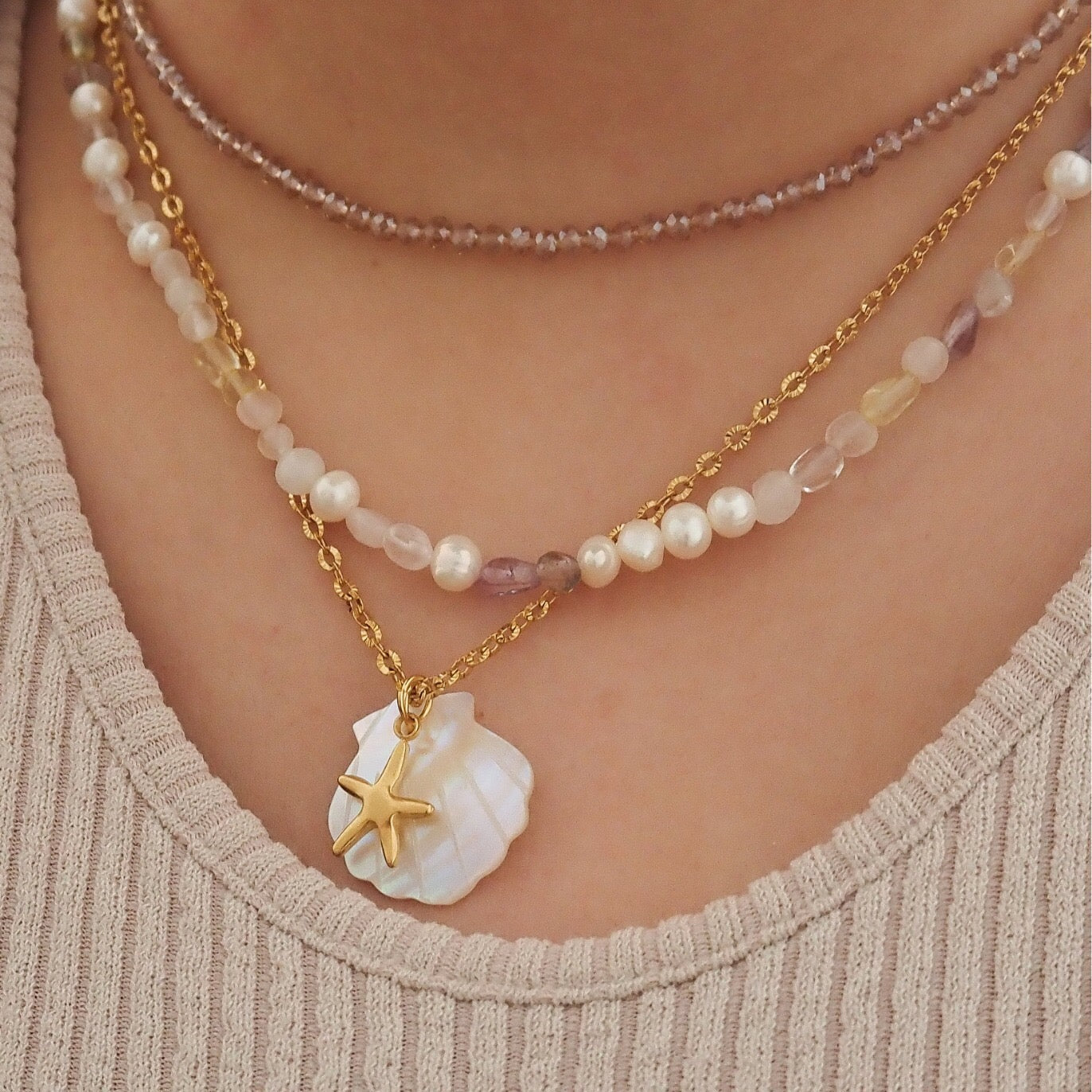 18K Gold Mother of Pearl Seashell Ocean Charm Pendant Necklace