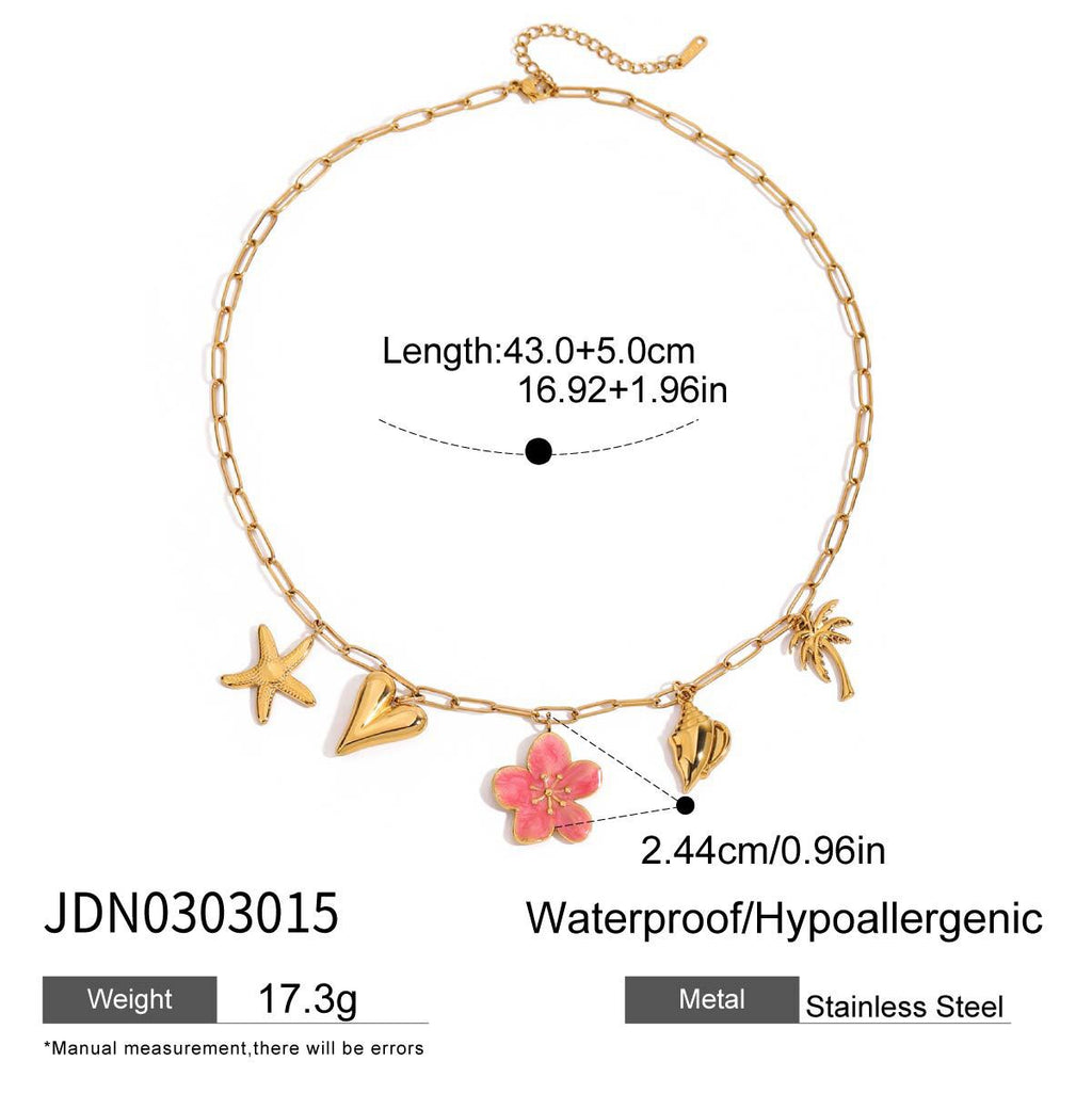 18K Gold Island Sunset Pink Flower Heart Palm Tree Summer Charm Necklace
