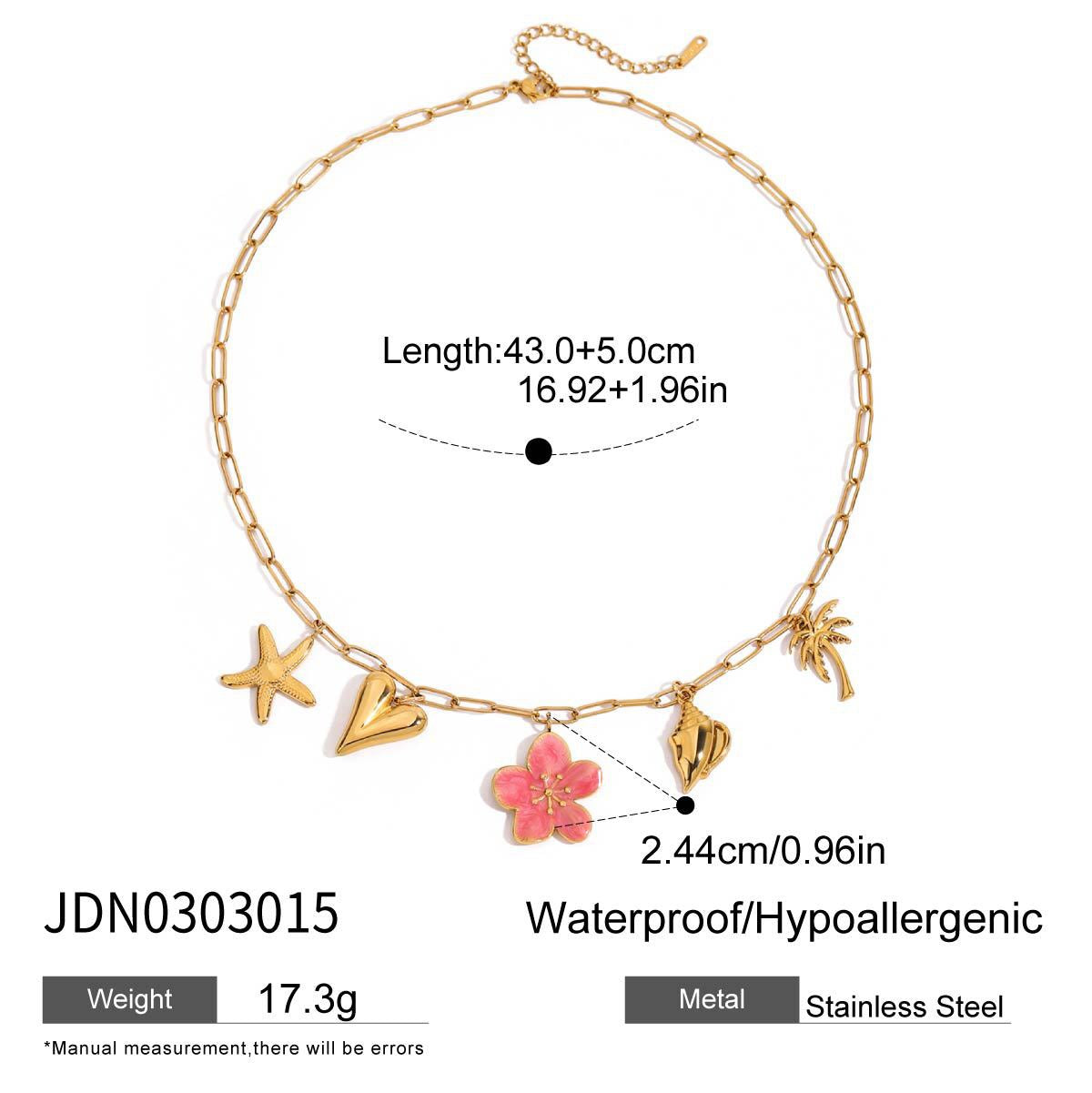 18K Gold Island Sunset Pink Flower Heart Palm Tree Summer Charm Necklace