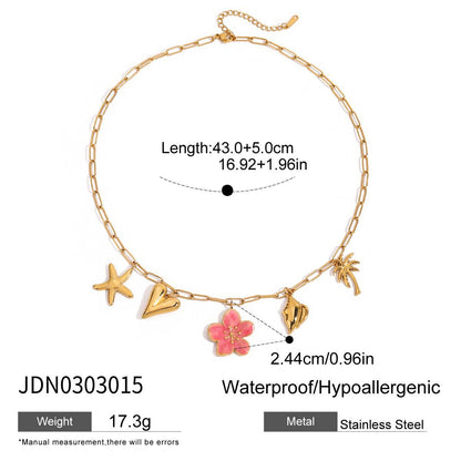 18K Gold Island Sunset Pink Flower Heart Palm Tree Summer Charm Necklace