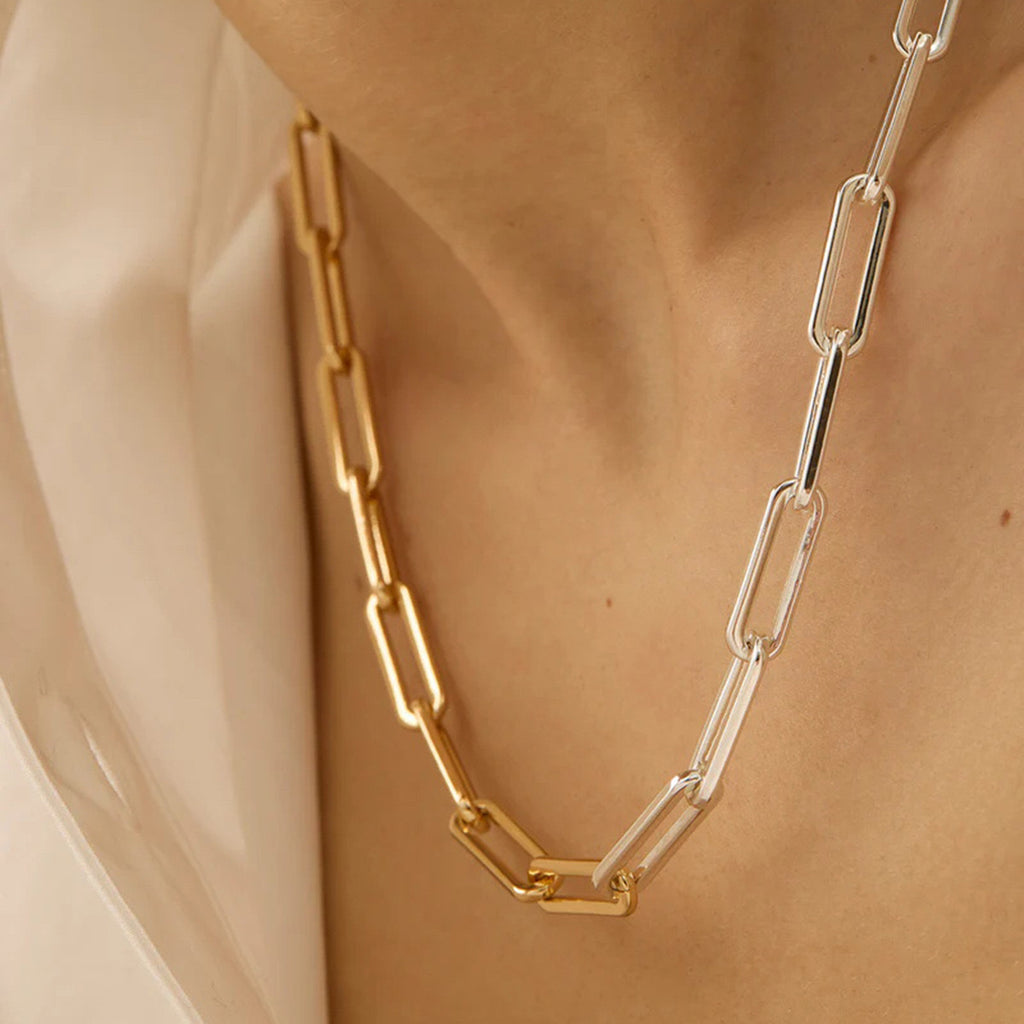 18K Gold Two Tone Paperclip Silver Chain Collar Necklace