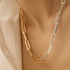 18K Gold Two Tone Paperclip Silver Chain Collar Necklace