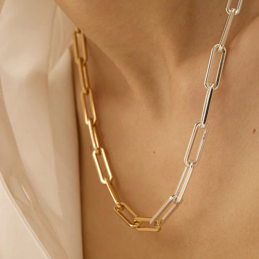 18K Gold Two Tone Paperclip Silver Chain Collar Necklace
