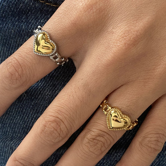 18K Gold and Silver Two Tone Delicate Heart Watch Band Ring