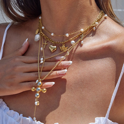 18K Gold Forbidden Cross Pearl Pendant Statement Layered Necklace Set