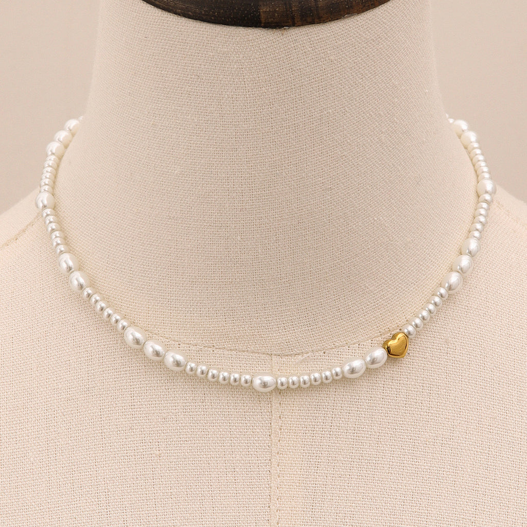 18K Gold Heart Pearl Chain Beaded Collar Necklace