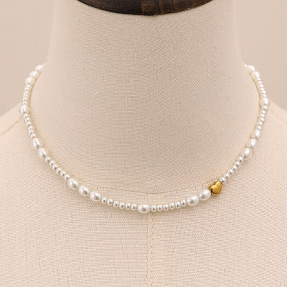 18K Gold Heart Pearl Chain Beaded Collar Necklace