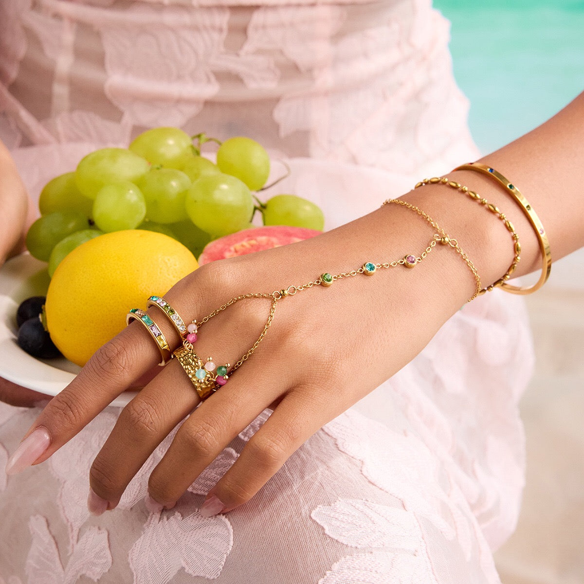 18K Gold Waterproof Color Gem Hand Chain Bracelet