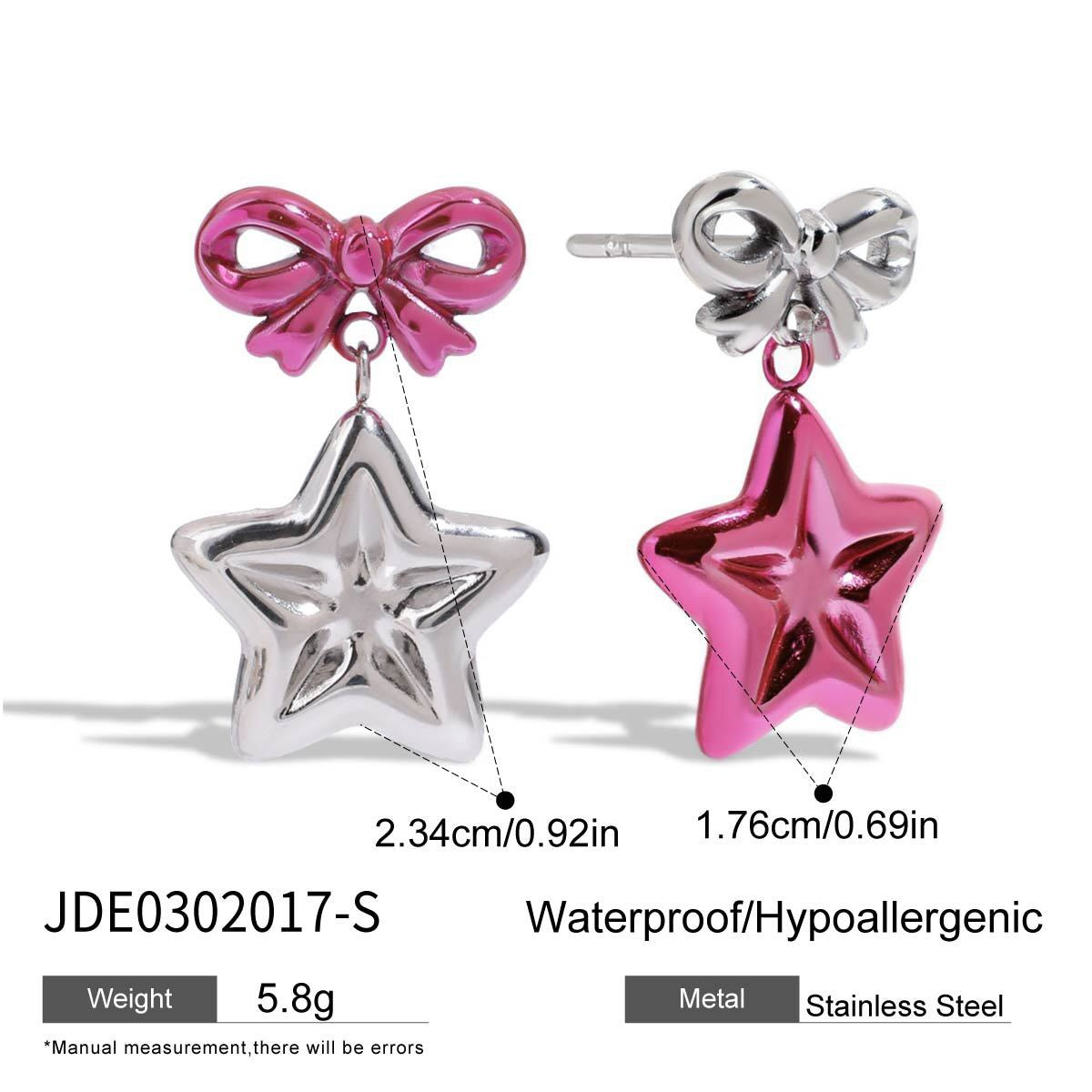 Y2K Silver Bow and Pink Star Stud Dangle Earrings