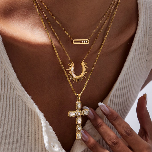 18K Gold Bejeweled Cross Sunburst Pendant Statement Layered Necklace Set