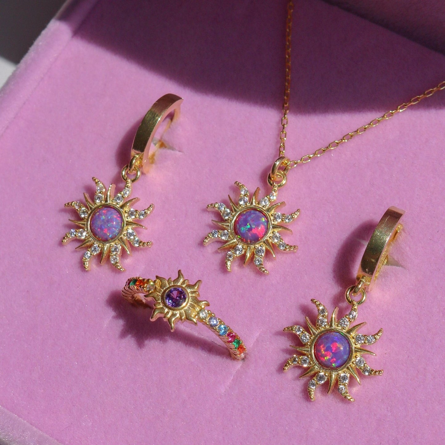 18K Gold Purple Sun Opal Huggie Earrings