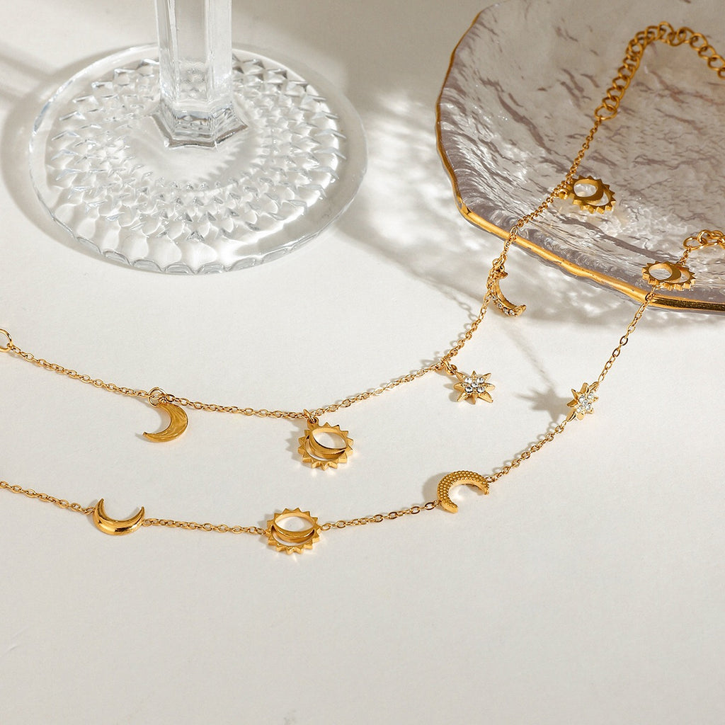 18K Gold Moon and Star Celestial Charm Chain Bracelet