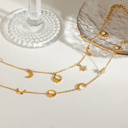 18K Gold Moon and Star Celestial Charm Chain Bracelet