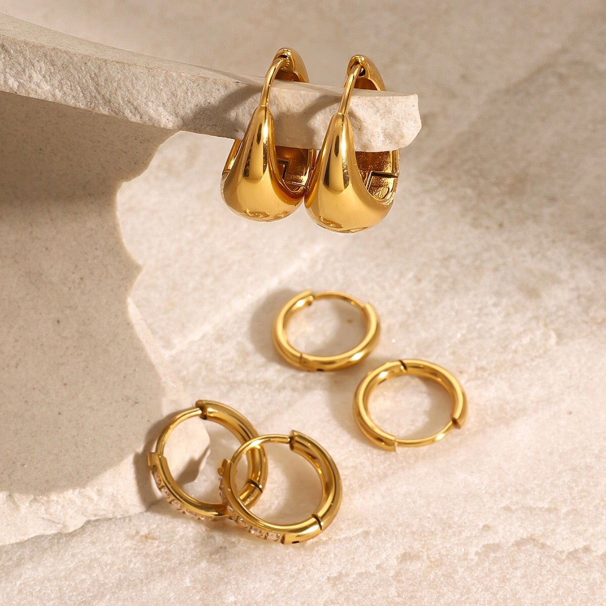 18K Gold Soft statement Small Hoop Huggie Earrings Set