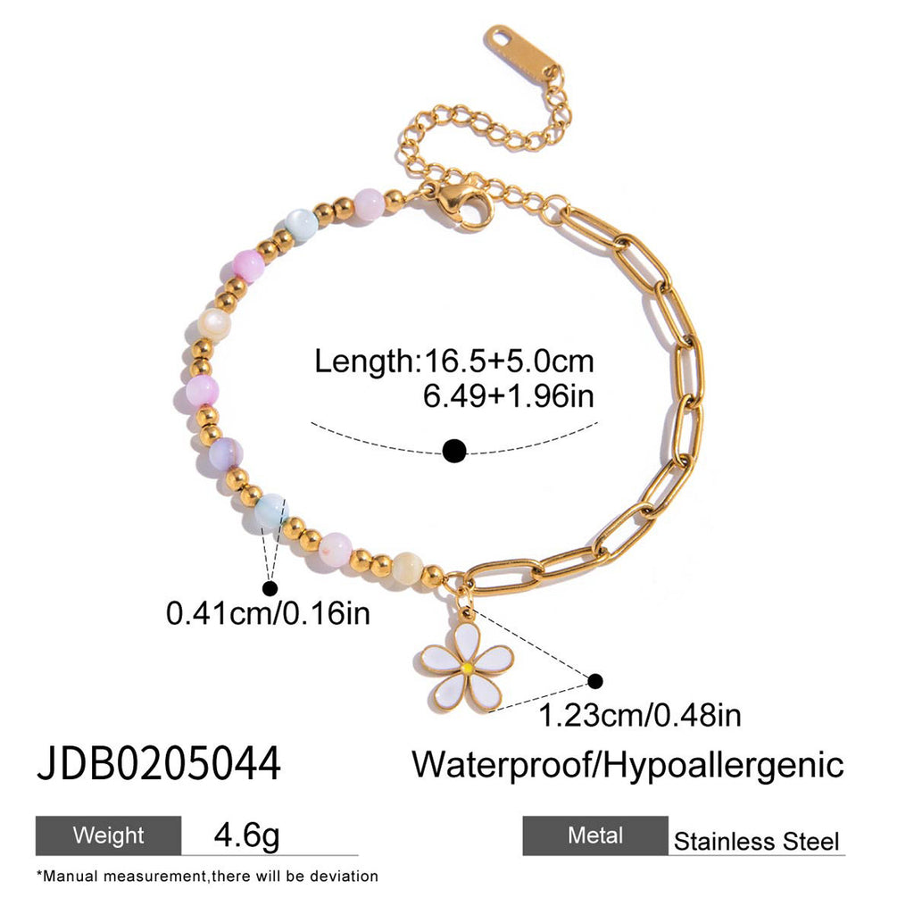 18K Gold Pastel Blue Flower Beaded Chain Bangle Bracelet Stack