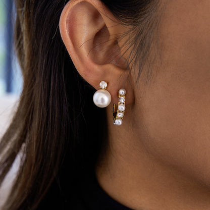 18K Gold Bling Pearl Small Hoop Huggie Earrings