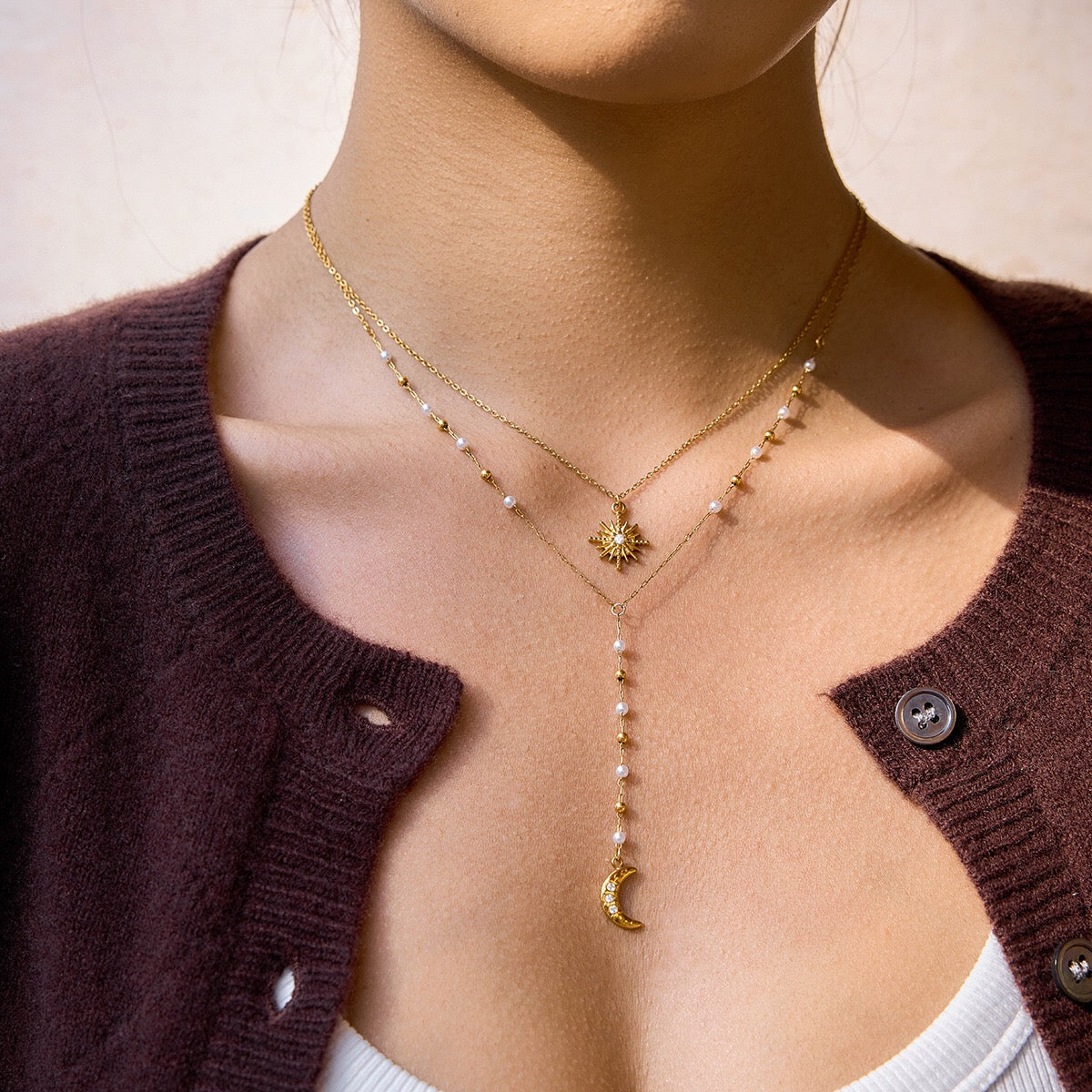 18K Gold Eclipse Spark Sun and Moon Pearl Pendant Y shape Lariat Layered Necklace