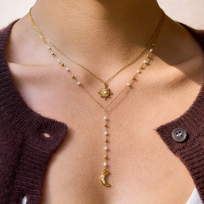 18K Gold Eclipse Spark Sun and Moon Pearl Pendant Y shape Lariat Layered Necklace