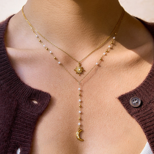 18K Gold Eclipse Spark Sun and Moon Pearl Pendant Y shape Lariat Layered Necklace