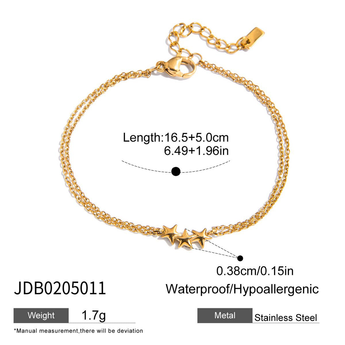 18K Gold Stars Align Dainty Chain Colorful Hearts Bracelet Stack