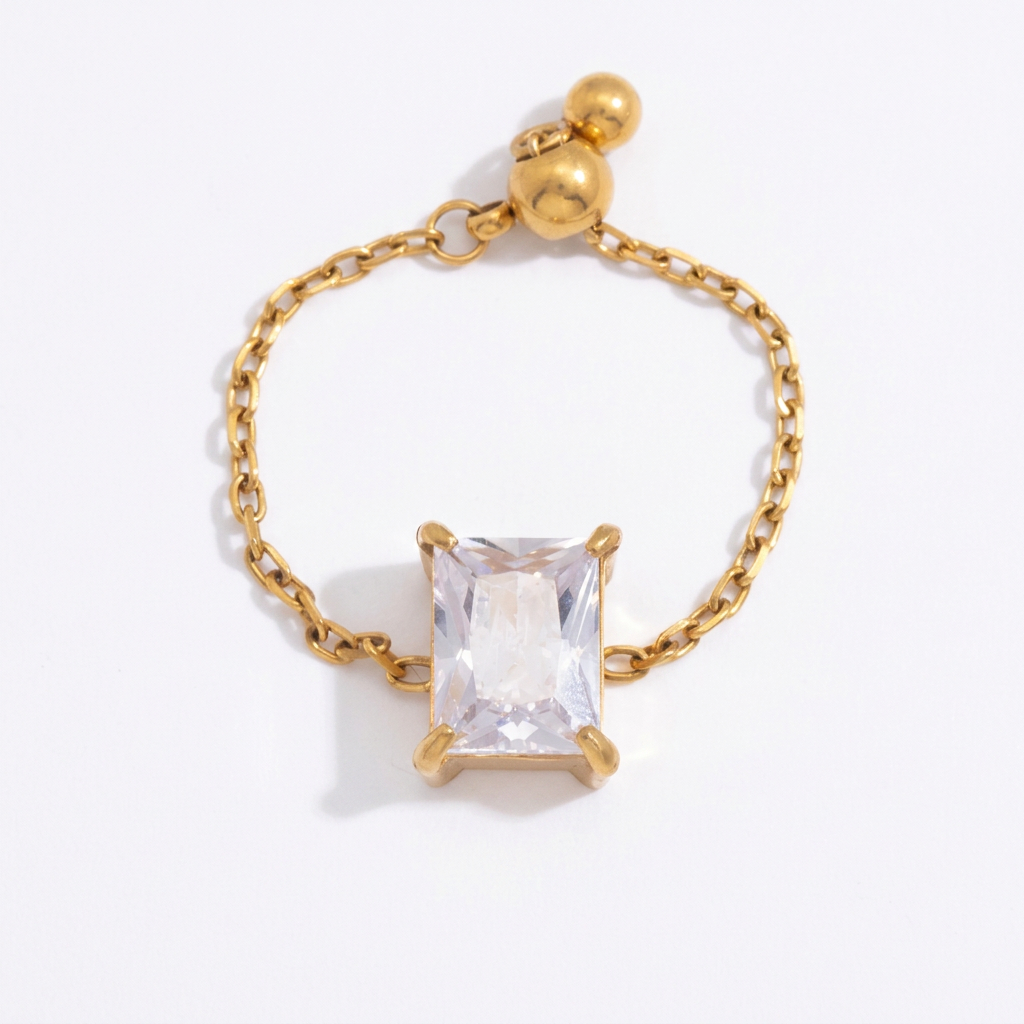 18K Gold Spark Drop Heart Clover Flower Adjustable Chain Ring
