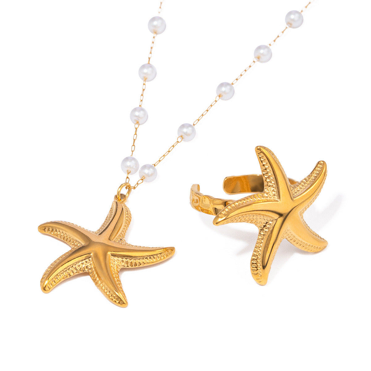 18K Gold Starfish Pearl Beaded Chain Pendant Necklace