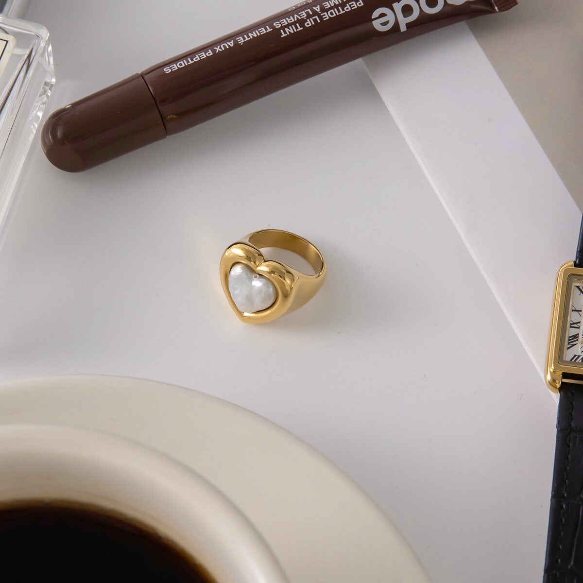 18K Gold Pearl Heart Statement Ring